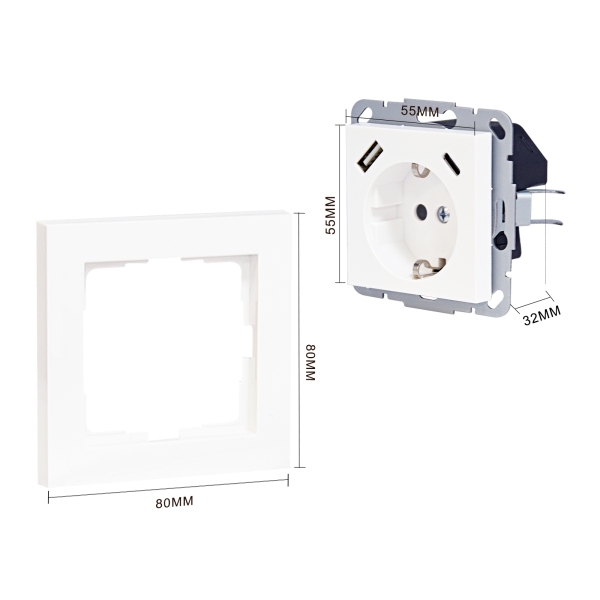 230V Steckdose mit 1 x USB-A & 1 x USB-C Ladegerät, Schnellladung, PD-Charger: max. 18 Watt, Weiß, Reinweiß glänzed - imabo®